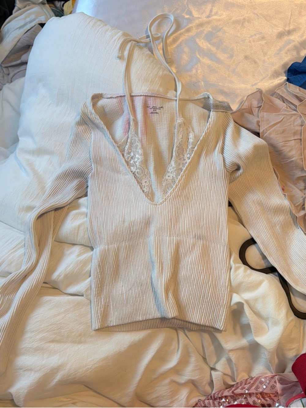 Urban Outfitters Cream Ribbed V-Neck Sweater with Lace Trim